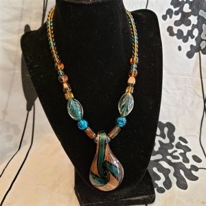 Handblown Glass Pendant Beaded Necklace